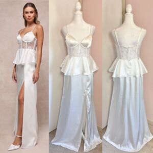 Iconic Adoration White Satin Peplum Sheer Bustier Maxi Dress by Lulus